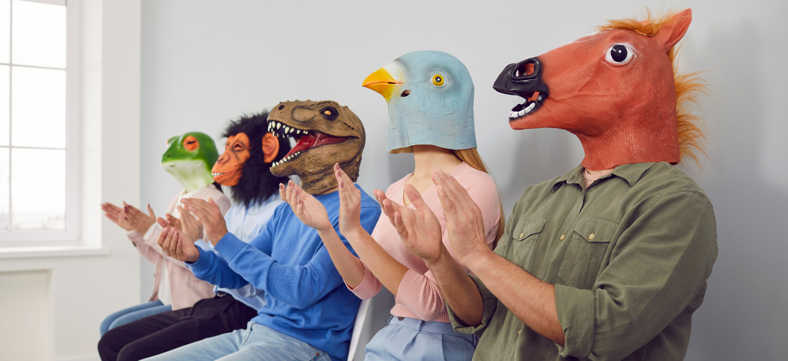 Crazy Surreal Audience Wearing Funny Animal Masks Applauding Speaker at Conference